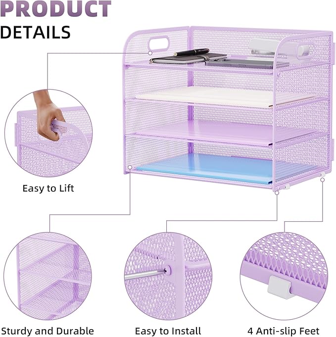 Marbrasse 4 Tier Paper Organizer Letter Tray - Mesh Desk File Organizer with Handle, Paper Sorter Organizer for Letter/A4 Office File Folder Holder (Purple, 12.6" x 9.1" x 10.7")