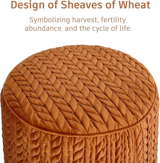 Modern Round Ottoman, Braided-Tufted Foot Stool Ottoman, Velvet Upholstered Vanity Stool for Makeup, Bedroom, Living Room, Dark Orange