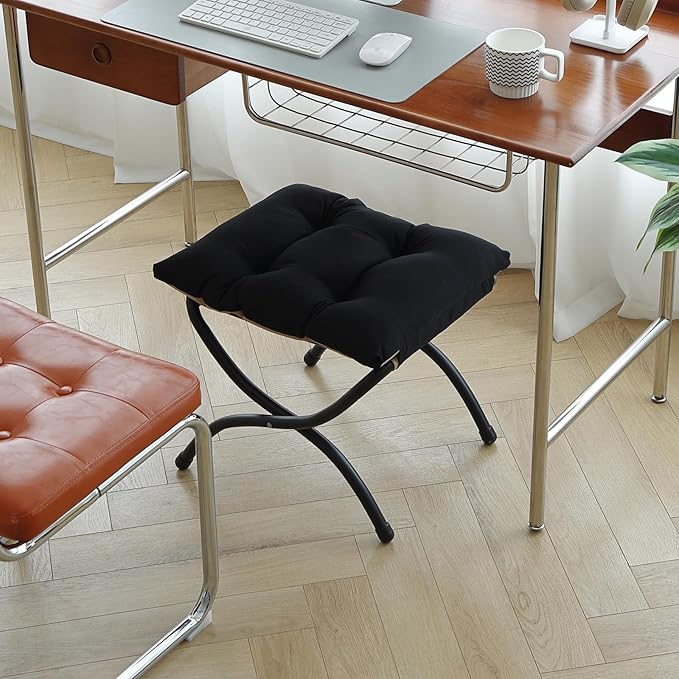 LITA Folding Upholstered Footrest Stool, Modern Small Portable Accent Ottoman with Detachable Thick Cotton Cushion Padded Sofa Stool with Metal Frame for Lazy Chair, Living Room & Bedroom, Black