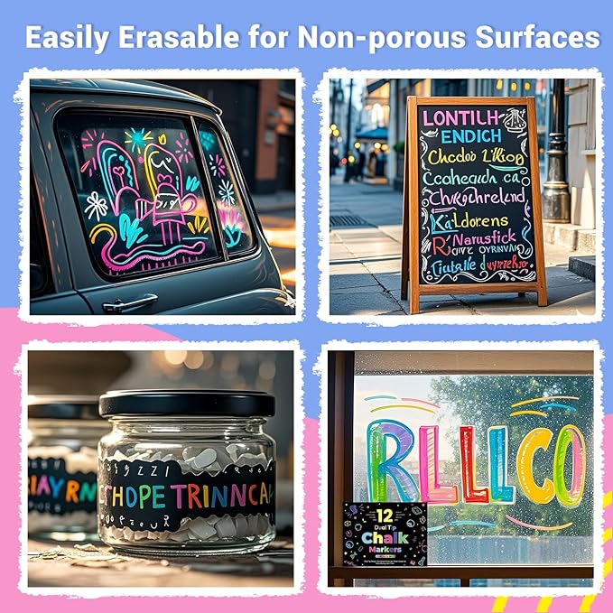12 Dual Tip Liquid Chalk Markers - Erasable Chalk Markers for Blackboard, Chalkboard Signs, Glass, Chalk Pens Wet Erase Makers for Bar Menu, Shcool,Wedding Sign, Just Married Car Windows Decorations