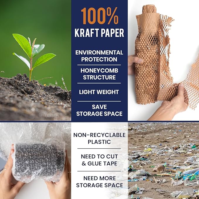 Honeycomb Packing Paper 12" x 150ft with Rope & 20 Fragile Stickers|Shipping & Moving Supplies|Small Business Packaging Supplies|Eco Friendly Bubble Wrap Packing Boxes for Moving Certified FSC C204227