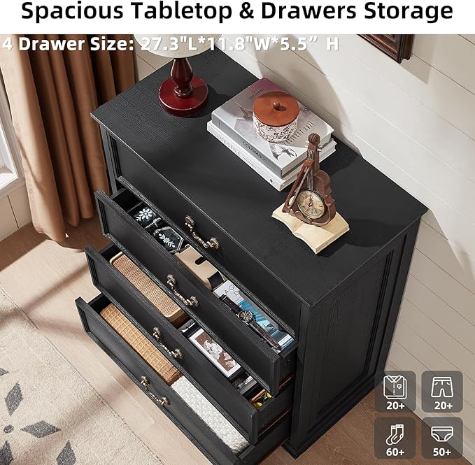 Farmhouse 4 Drawer Dresser Set of 2 for Bedroom, 37" Tall Rustic Chests of Drawers w/ 4 Solid Wood Feet, Mid Century Vintage Wooden Closet Storage Dressers Organizer for Living Room, Black