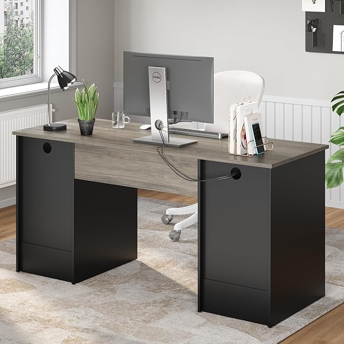 Bestier 59” Executive Desk with 2 Drawers, Computer Desk with Storage Cabinet, Industrial Wood Desk with File Drawer, Keyboard Tray & 2 Pedestals for Home Office & Studio, Gray