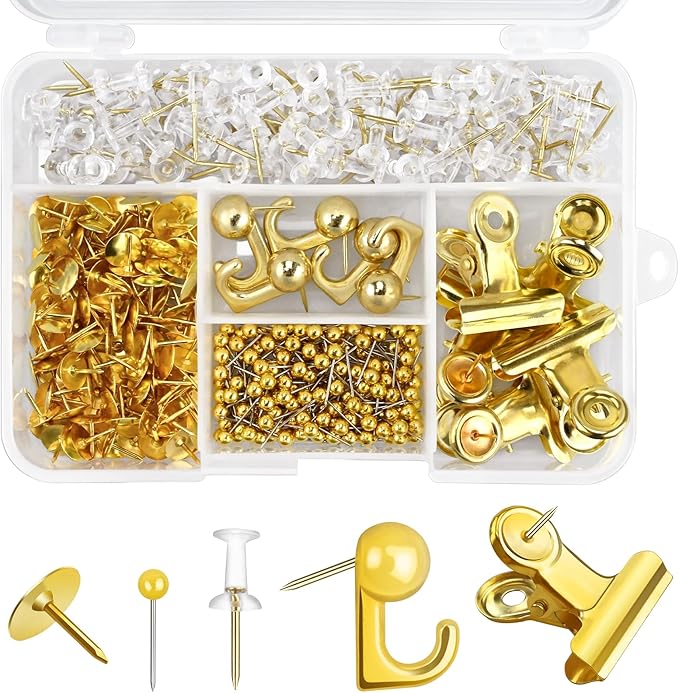 350 Pcs Gold Push Pins Set 5 Styles Decorative Thumb Tacks Assorted Push Pins for Bulletin Board, Cork Board
