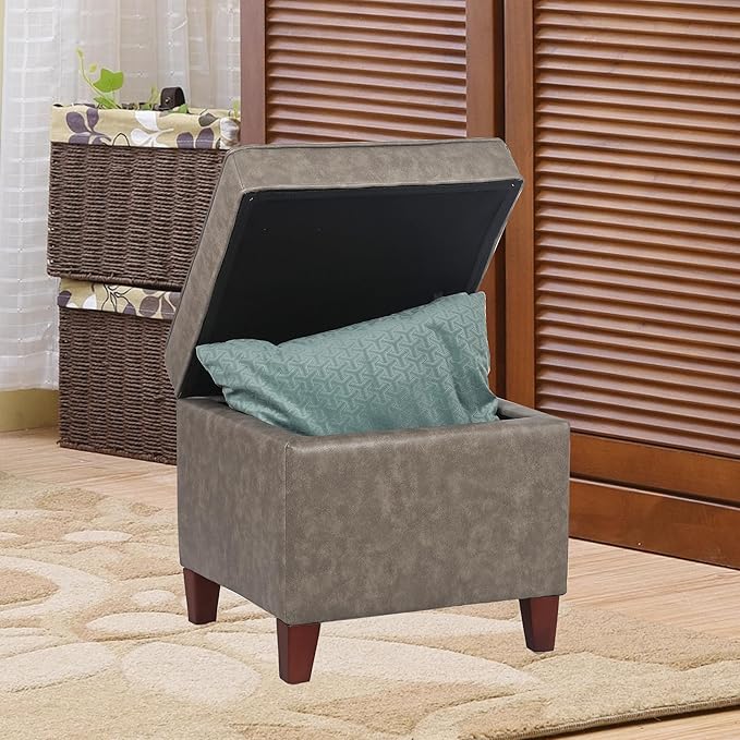 Adeco 17.5" Square Faux Leather Ottoman with Storage - Upholstered PU Foot Rest - Flip Top Footstool with Sturdy Wood Legs, Small Cube Coffee Table Extra Seat for Living Room, Bedroom, Coffee Brown