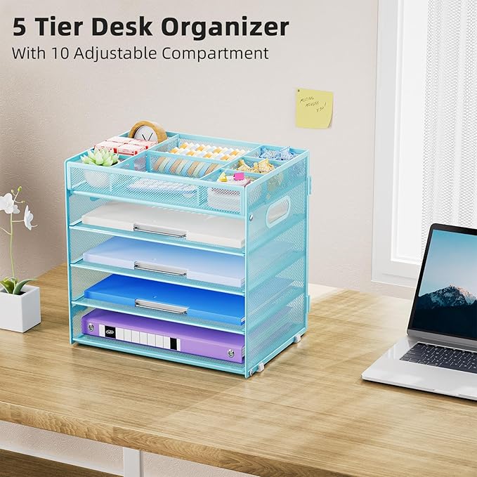 Marbrasse 5-Tier Letter Tray Paper Organizer with Handle, Multi-Functional Mesh File Organizer for Desk, Adjustable Compartments Mesh Desktop Storage for Office Supplies,Blue