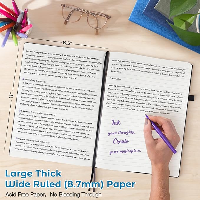 Lined Journal Notebook, 8.5" x 11" Hardcover Leather Notebook for Work, Wide Ruled Notebook Journal for Women Men, 192 Thick Paper, Lay Flat, 2 Pockets, A4 Large Journals for Writing Notebook, Teal