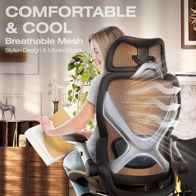 ELABEST X100 Ergonomic Office Chair with Footrest, Big and Tall Home Desk Chair with 5D Flip-Up Arms, Adjustable 10D Lumbar Support,High Back Rolling Computer Chair, Swivel Mesh Chairs
