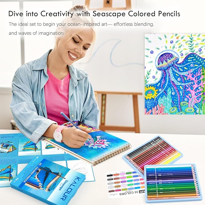 KALOUR PDAS 36-piece Blue Seascape Colored Pencil Set, Pre-sharpened Wooden Colored Pencils for Adults Artists Beginners Coloring Books Drawing & Sketching