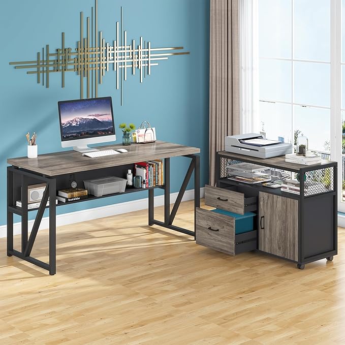 Tribesigns L Shaped Desk with Drawer Cabinet, 55" Executive Computer Desk and lateral File Cabinet, 2 Piece Home Office Furniture with Drawers for Hanging File, Doors with Locks (Gray, 55 inches)