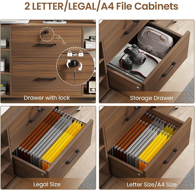 SEDETA 44" File Cabinet, Filing Cabinet fits Legal/Letter Size, 2 Drawer File Cabinets for Home Office with Lock, Power Strip, 6 Storage Shelves, Walnut Brown