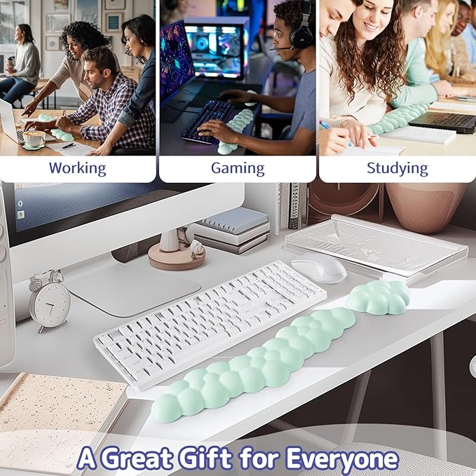 Cloud Wrist Rest Keyboard, Cloud Keyboard Wrist Pad Set with PU Leather Memory Foam, Cute Arm Rest for Palm Support, PC/Gaming Desk Accessories/Office Setup/Computer Hand Cushion-Light Green