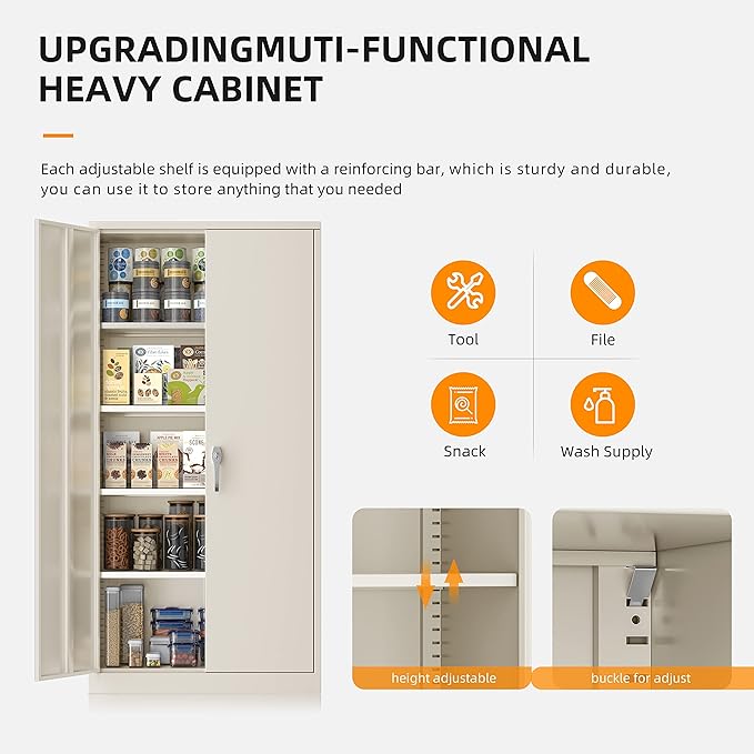 INTERGREAT Tall Metal Storage Cabinet Locking Steel with 4 Adjustable Shelves,72" Lockable Cabinets Lock 2 Doors for Office Garage Supply Home (Cream Grey)