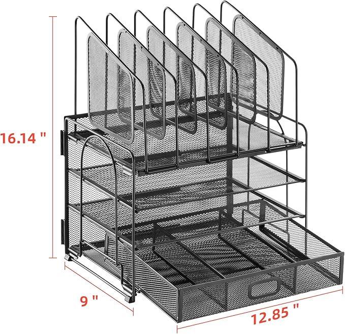 Marbrasse Desk organizer with Drawer, 4-Tier Mesh File Organizer with 5 Vertical File Holders and 2 Pen Holders, Multifunction Desktop Organizer,Desk Organizers and Accessories for Home Office