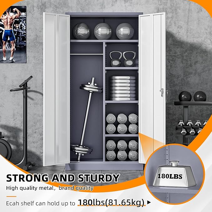 INTERGREAT Metal Storage Cabinet,72 Tall Armoire Wardrobe Closet with Doors,Grey White Storage Locker Cabinets with Adjustable Shelves and Removable Hanging Rods