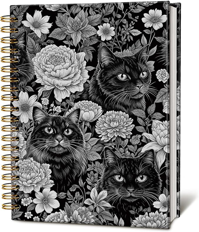 Cat Notebook Journal, Vintage Black White Floral Cats Spiral Notebook for School Supplies, Cat Lover Gifts for Women Men, Black Cat Gifts for Girls 5.5x8.3 Inch