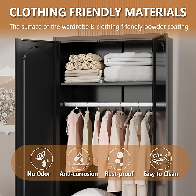 Metal Armoire Wardrobe Closet with Hanging Rod, 71" Tall Wardrobe Cabinet for Clothes, Black Clothing Storage Cabinet with Doors and Shelves, Large Wardrobes for Bedroom-Assemble Required