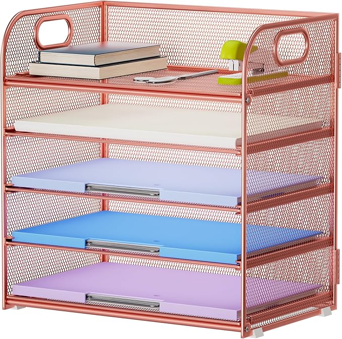 Marbrasse 5 Tier Paper Organizer Letter Tray, Mesh Desk File Organizer with Handle, Paper Sorter Desk Organizer for Home Office Supplies - Rose Gold