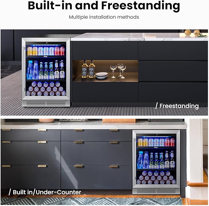 Yeego Beverage Refrigerator Cooler - 24 inch 180 Cans Mini Fridge with Glass Door, 34-54 ℉ Under Counter Refrigerator Built-in for Wine Beer Soda for Bar Bedroom Office