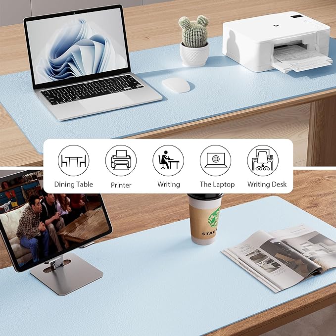 Aothia Leather Desk Pad Protector, Office Desk Mat, Large Mouse Pad, Non-Slip PU Leather Desk Blotter, Laptop Desk Pad, Waterproof Desk Writing Pad for Office and Home (48"x17", Baby Blue)