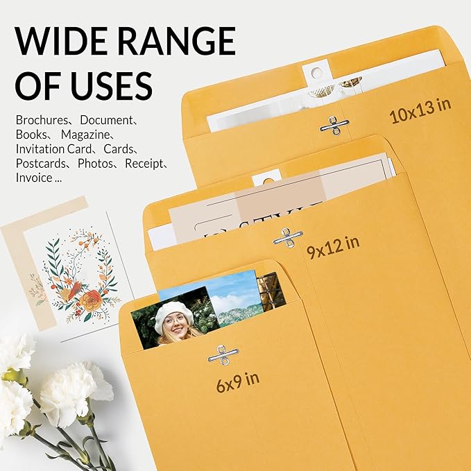 SUNEE 9x12 Clasp Envelopes 100 Count - 9x12 Inch Brown Kraft Envelopes with Clasp Closure – for Home, Office, Business, Legal or School, Great for Filing, Storing or Mailing Documents