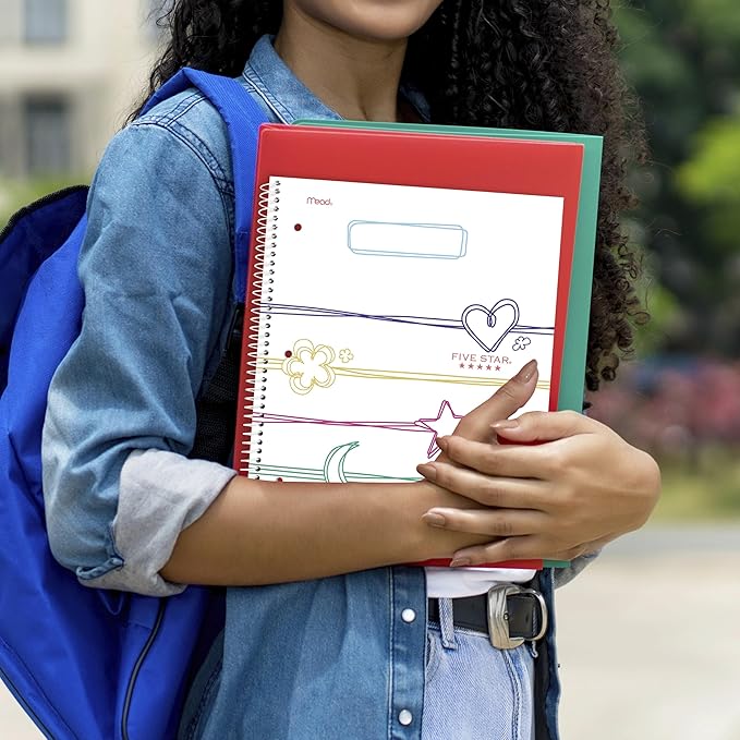 Five Star Spiral Notebook + Study App, 1 Subject, Wide Ruled, 8" x 10-1/2", 80 Sheets, Fights Ink Bleed, Water Resistant Cover, Pastel Doodles (930212F-ECM)