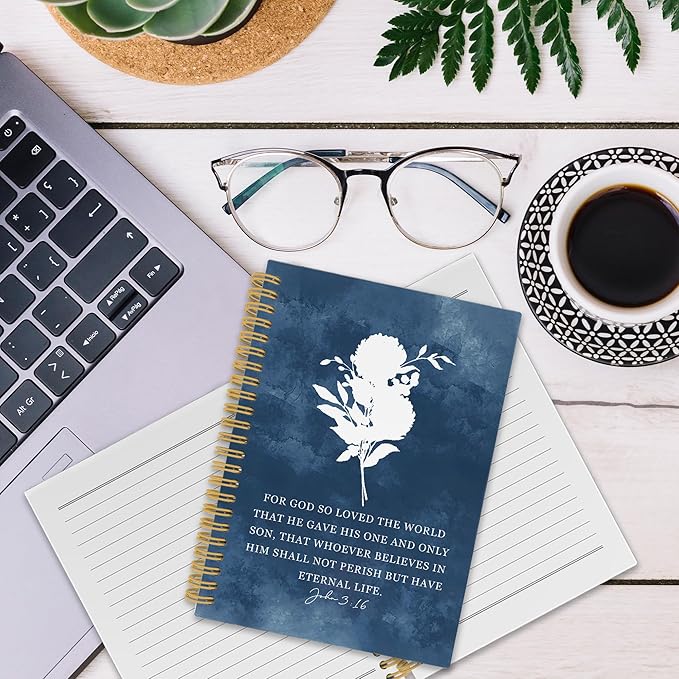 XPH Blue Christian Spiral Notebook, John 3:16 Bible Verse Journaling Notebooks for Women, Floral Religious Hardcover Journals for Writing 160 Pages 5.5 x 8.3 Inch, Christian Gifts for Women