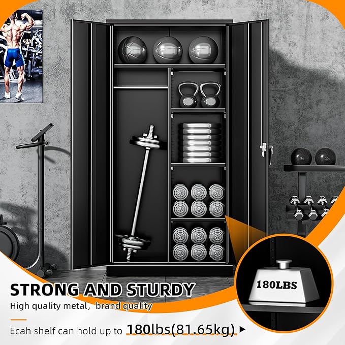 INTERGREAT Metal Storage Cabinet with Lock,Storage Wardrobe Cabinets with 4 Adjustable Shelves and Hanging Rod,Black Wardrobe Cabinet with Lockable Doors for Home Office,Warehouse,Garage