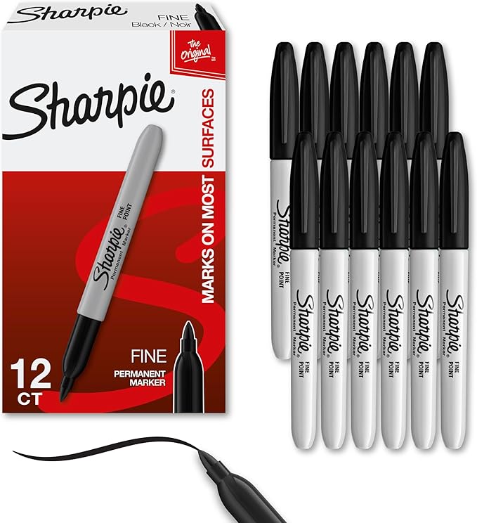 Sharpie Permanent Markers, Fine Tip, Black, 12 Count - For Classroom, Office, & Home, Quick Drying, Fade Resistant, For Wood, Plastic, Paper, Metal, And More, Ideal for Posters, Drawing, Coloring
