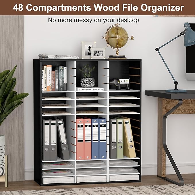 EasyPAG Mail Organizer Countertop, Wood Literature Organizer with Adjustable Shelves, Student Classroom Mailbox for School, Desktop Paper Sorter for Office Home, 48 Compartments, Black/White