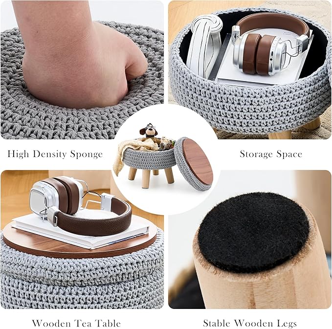 Round Storage Ottoman Foot Rest Cotton Braided Foot Stool Pouf Ottoman with Solid Wood Legs Footstool with Storage Shoe Changing Stool for Living Room Gray