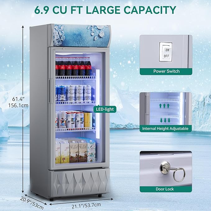 YITAHOME 6.9 CU.FT. Beverage Display Refrigerator with One Glass Door, Commercial Drink Beer Fridge Cooler for Home Office with Customized Light Box 7 Speed Control 3 Ajustable Shelves and Locking