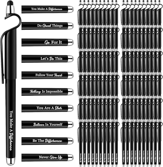 100 Pcs Inspirational Pens Bulk Black Motivational Ballpoint Pen with Writing Touch Screen and Mobile Phone Stand 3-in-1 for Office School Supplies Inspirational Gifts