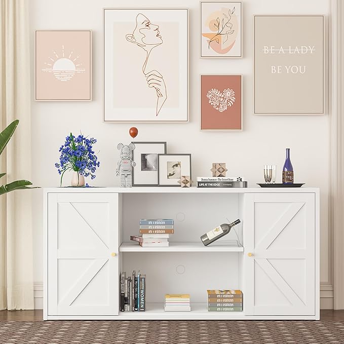 Metal Storage Cabinet with 2 Barn Doors,Farmhouse Sideboard Buffet Cabinet,Pantry Storage Cabinets with Drawers and Shelves, Coffee Bar for Kitchen, Dining Room,Living Room,White TV Stand
