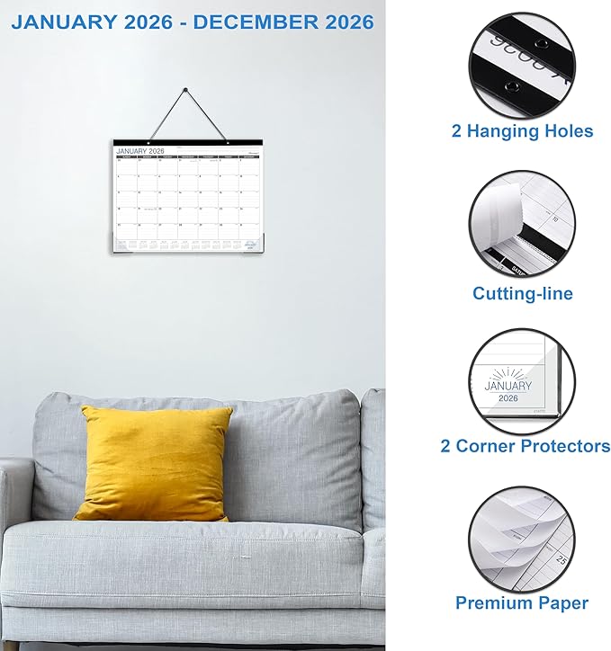 2026 Desk Calendar - Desk/Wall Calendar 2026, JAN 2026 - DEC 2026, 2026 Calendars 12 Month, Desk Calendars with Corner Protectors, Large Ruled Blocks, Thick Paper, Colorful, 14.6" x 11.5", Desktop Calendar for Daily Organizer