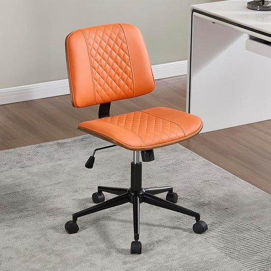 Small Home Office Chair - Armless Mid Back Desk Chair with 360° Swivel and Wheels, PU Upholstered Height Adjustable Modern Walnut Computer Chair for Home, Office Meeting Room - Orange