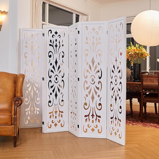 5.6Ft Room Divider Folding Wood Classical Carved Partition Screen for Home Office Garden - 6 Panels (White)