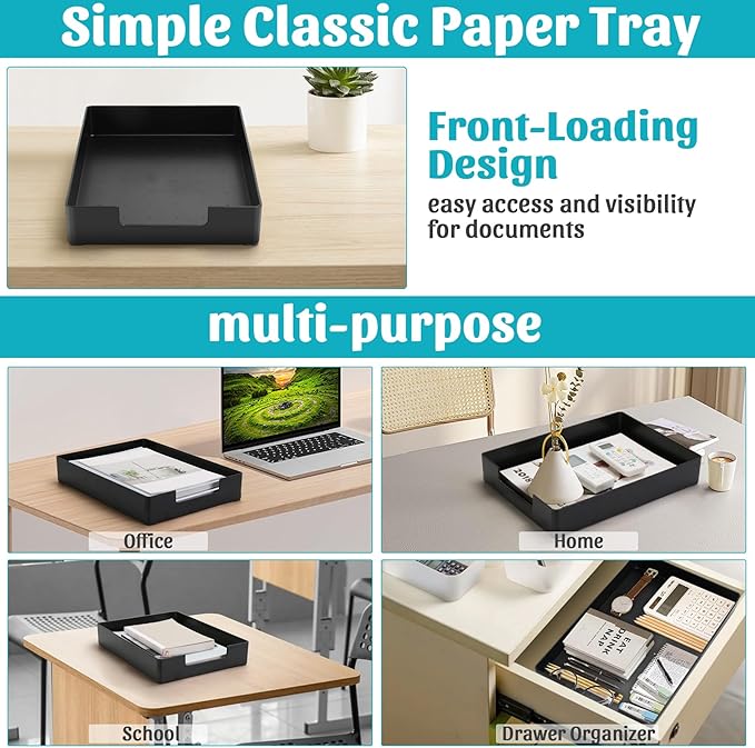 Letter-Size Tray Desk Letter Tray Paper Tray, Sturdy Heavy-Duty Plastic Printer Paper Tray, Single-Tier Stackable File Storage Organizer for Office Home (2, Black)