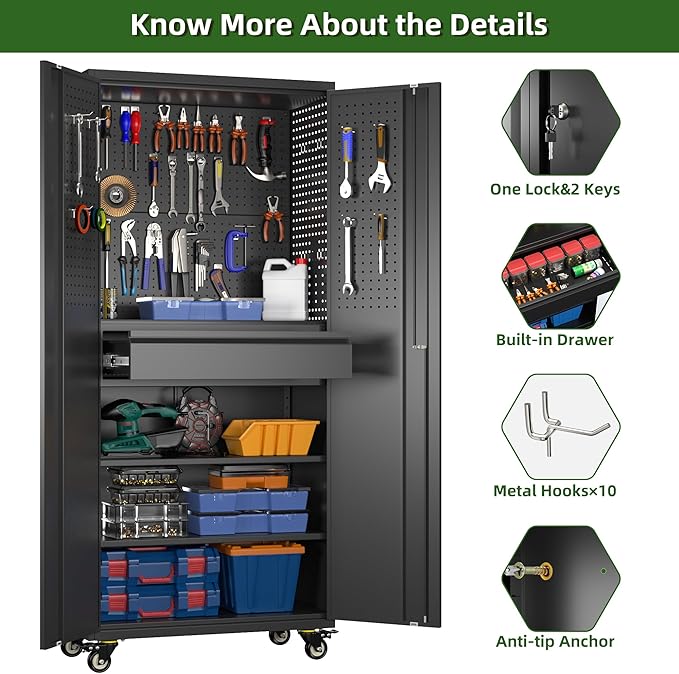Aobabo Garage Storage Cabinet with Wheels, Metal Tool Storage Cabinet with 1 Drawer for Home,Assembly Required,Black