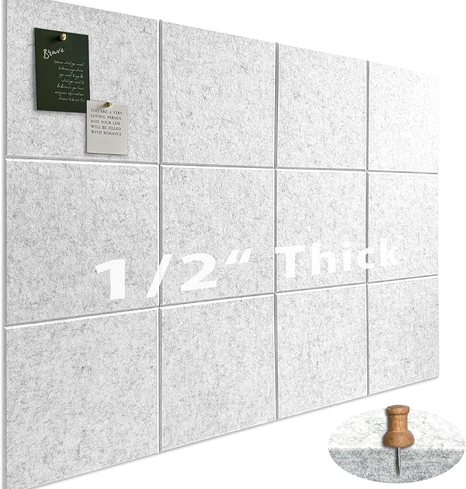Large Cork Board for Office Wall Decor,48"x36"-12 Pack Felt Wall Tiles with Safe Removable Adhesive Tabs, 1/2" Thick, Felt Bulletin Board Pin Board Cork Boards for Walls - Light Grey