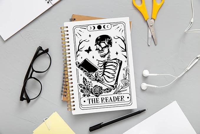 The Reader Tarot Journal Notebook - Book Lovers Readers Gifts, Bookworm Gifts, Gothic Skeleton Notebook Journal, Goth Gifts for Women, Gothic Office Supplies, Spiral Notebook 5.5x8.3