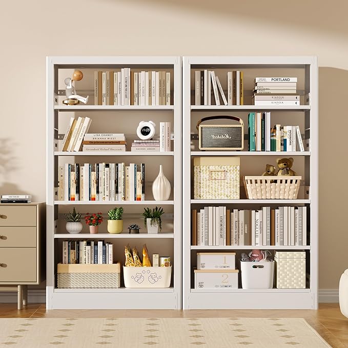 5-Tier Adjustable Bookcase, Heavy Duty Bookshelf with Book Stopper, Metal Bookcase for Library, Office, Living Room