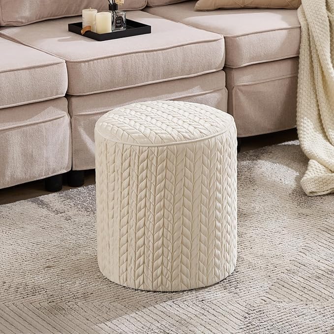 Modern Round Ottoman, Braided-Tufted Foot Stool Ottoman, Velvet Upholstered Vanity Stool for Makeup, Bedroom, Living Room, White