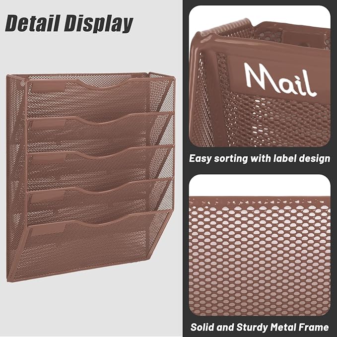 EASEPRES 5 Pocket Mesh Hanging Wall File Organizer, Wall Mounted Mail Paper Document Folder Holder, Clipboard Storage Organization Magazine Rack with Nametag Label for Office Home School, Brown