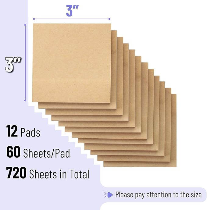 Mr. Pen- Kraft Sticky Notes, 3”x3”, 12 Pads, Self-Stick Note Pads, Brown, Craft Paper 3x3 Sticky Notes