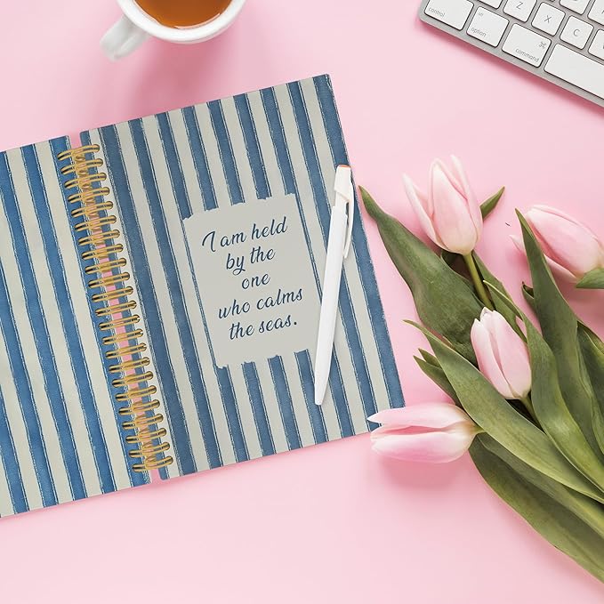 XPH Coastal Christian Spiral Notebook, Bible Verse Journaling Notebooks for Prayer, Blue Striped Religious Hardcover Journal for Writing 160 Pages 5.5 x 8.3 Inch, Christian Gifts for Women Men