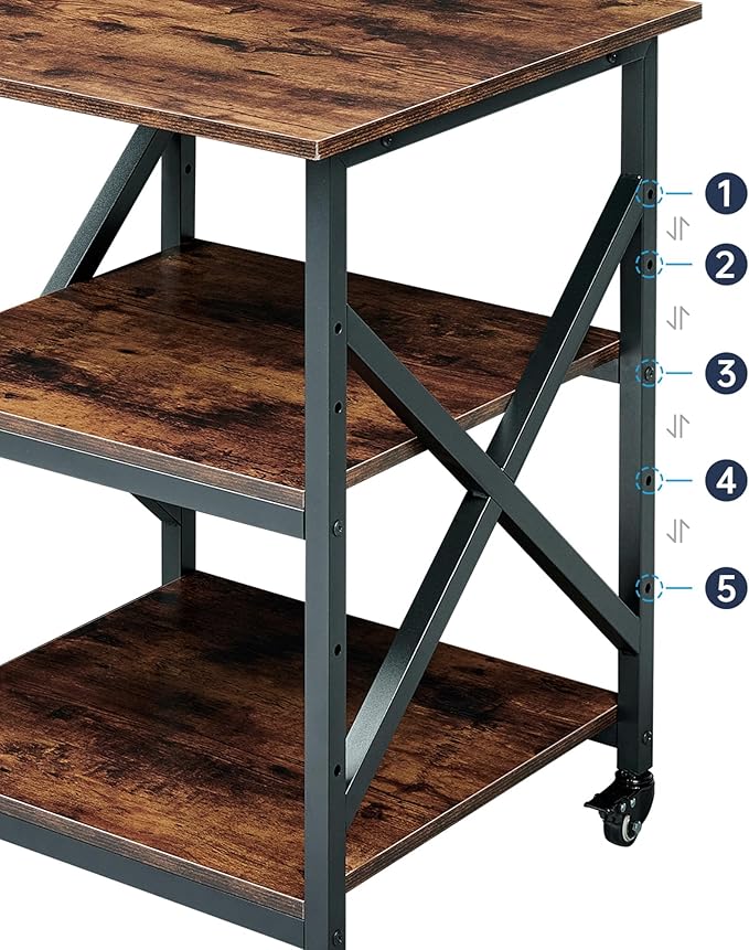 23.6 x 23.6 Inches Large Printer Stand, 3 Tier Square Printer Table with Height Adjustable Storage Shelf, Rolling Printer Cart with Industrial Wheels for Home Office - Rustic Brown