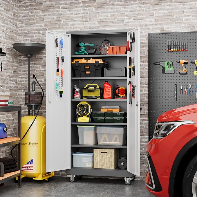 Aobabo Upgraded Garage Storage Cabinets with Wheels,Metal Storage Cabinets with 5 Adjustable Shelves for Garage Home Office Storage, Grey&White,71''H*32''W*16''D,Assembly Required