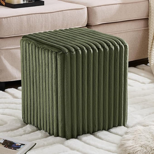 Modern Square Ottoman, Vertical Channel Tufted Foot Stool Ottoman, Velvet Upholstered Vanity Stool for Makeup, Bedroom, Living Room, Dark Green