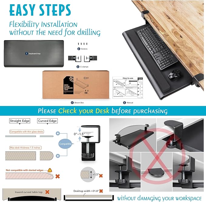 EHO Large Ergonomic C-Clamp Keyboard Tray Mount Under Desk with Wrist Rest, Slide-Out Platform 27.5" (31.8" Including Clamps) x 12.5", Pull Out Keyboard & Mouse Tray for Home or Office, Black